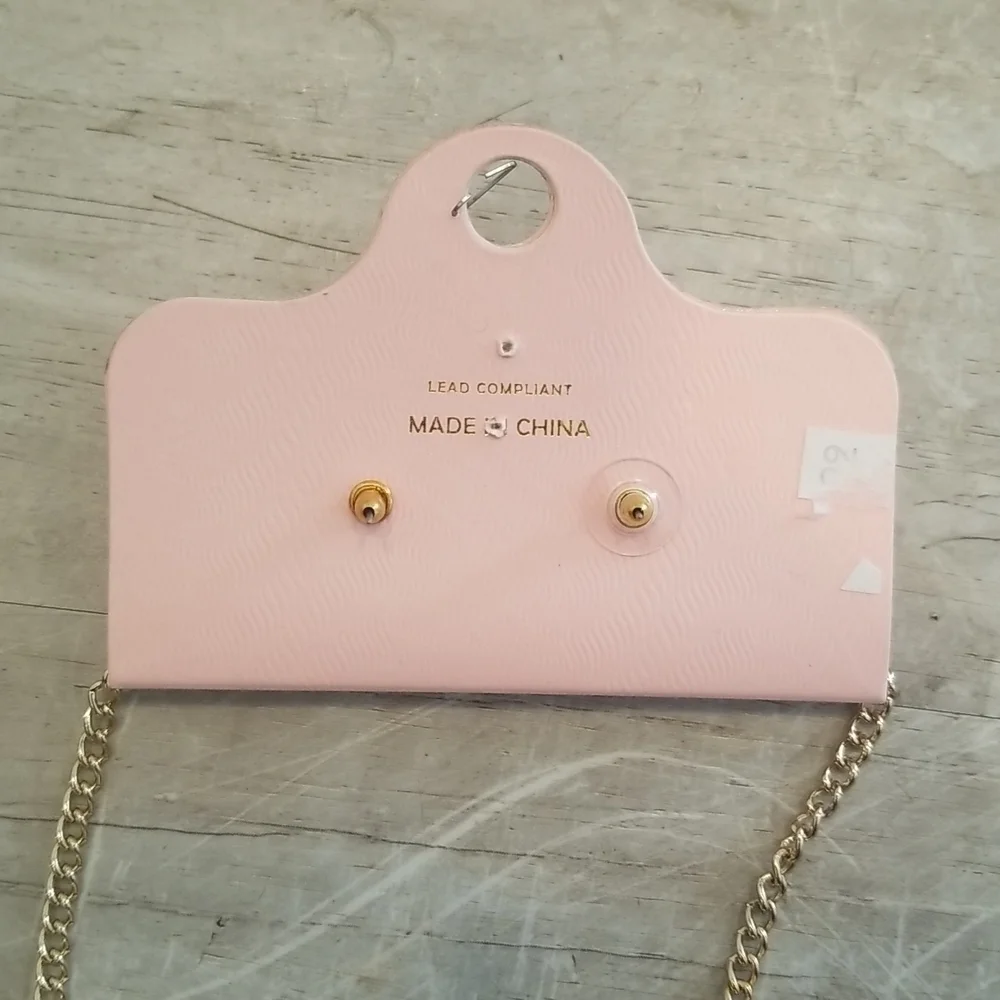 💕PEACH💕 Matching Necklace and Earring Set ~ Gold Chain Beige Pink Stones NWT